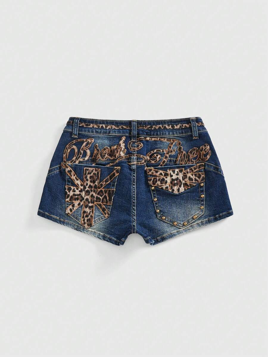 Women's super low waist shorts with leopard print embroidery, button and zipper closure, and raw hem detailing.