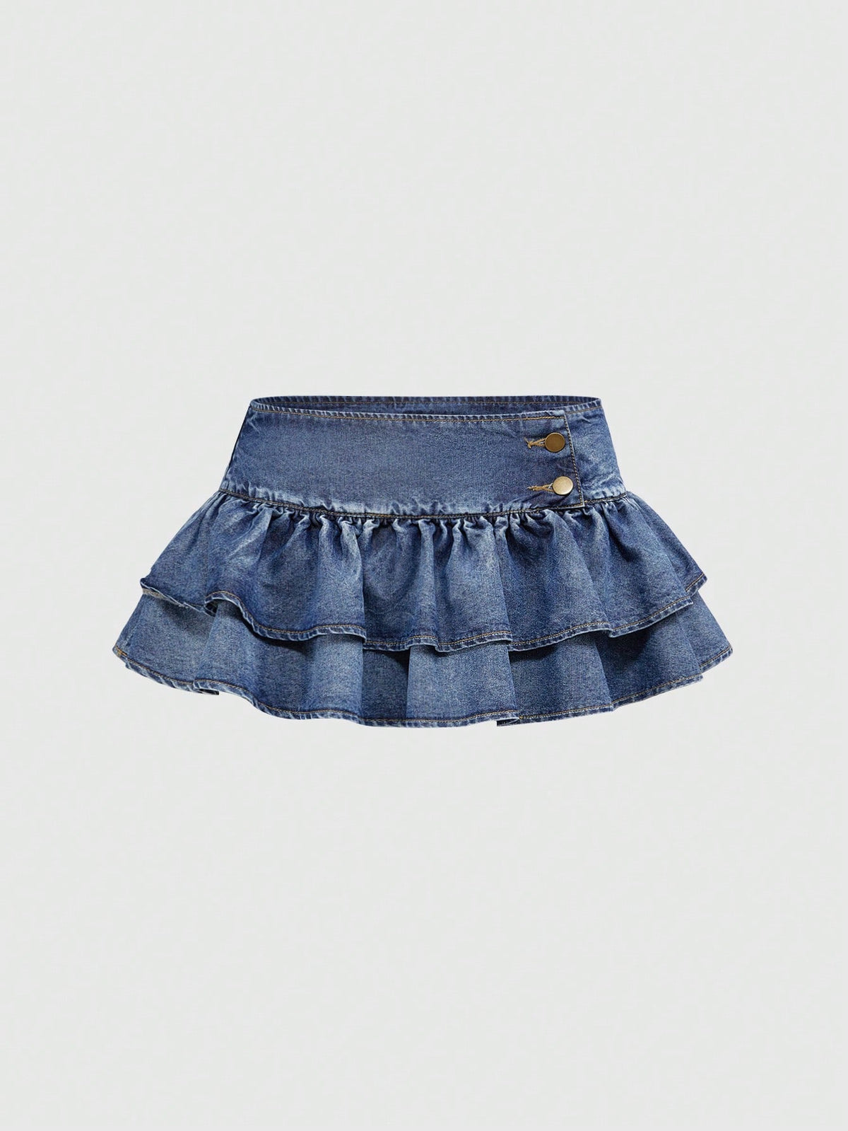 Y2K ultra low waist mini skirt with tiered layer detail, ruffle hem, zipper closure, straight silhouette, and fabric.