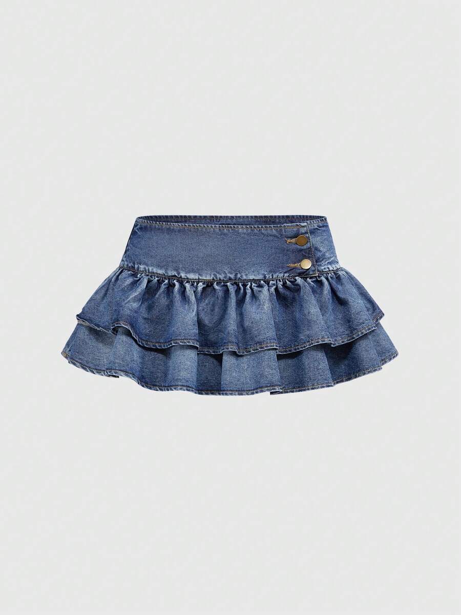 Y2K ultra low waist mini skirt with tiered layer detail, ruffle hem, zipper closure, straight silhouette, and fabric.