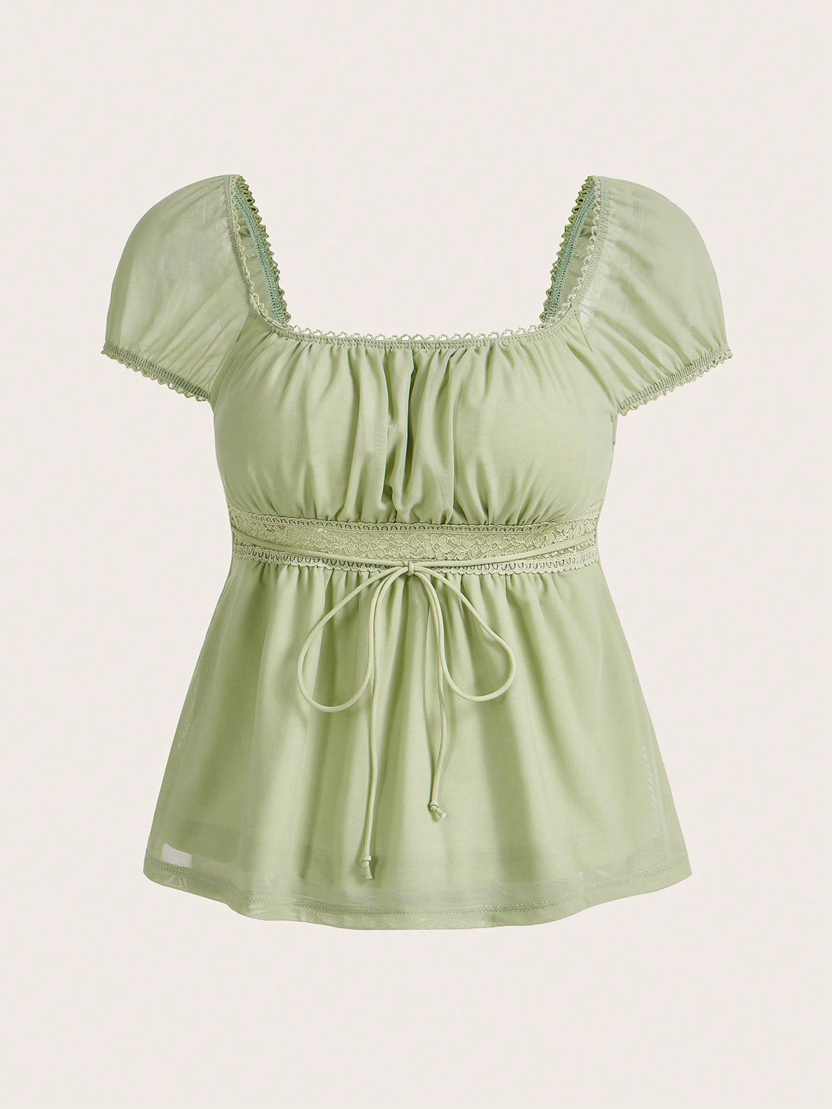 Yellow short puff sleeve tee featuring a square neckline, ruched bust with knot detail, eyelet embroidery, and a gathered waist.