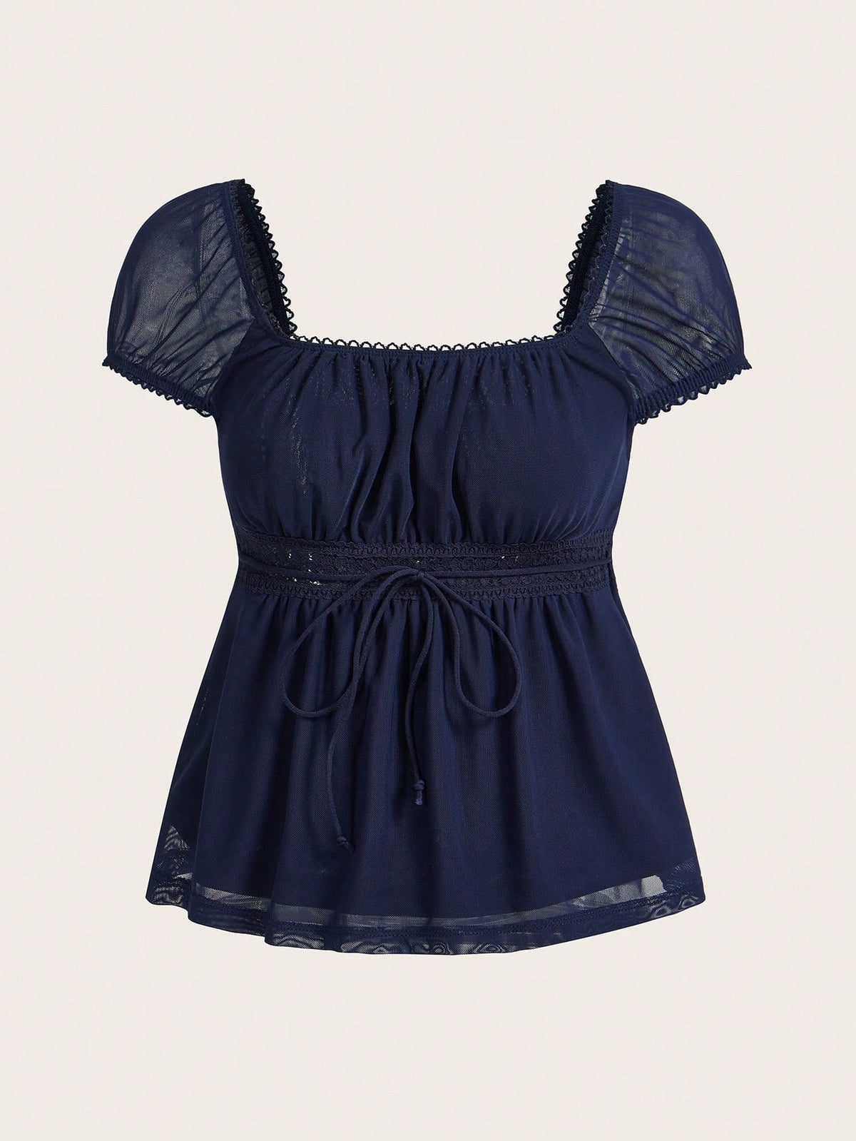 Yellow short puff sleeve tee featuring a square neckline, ruched bust with knot detail, eyelet embroidery, and a gathered waist.