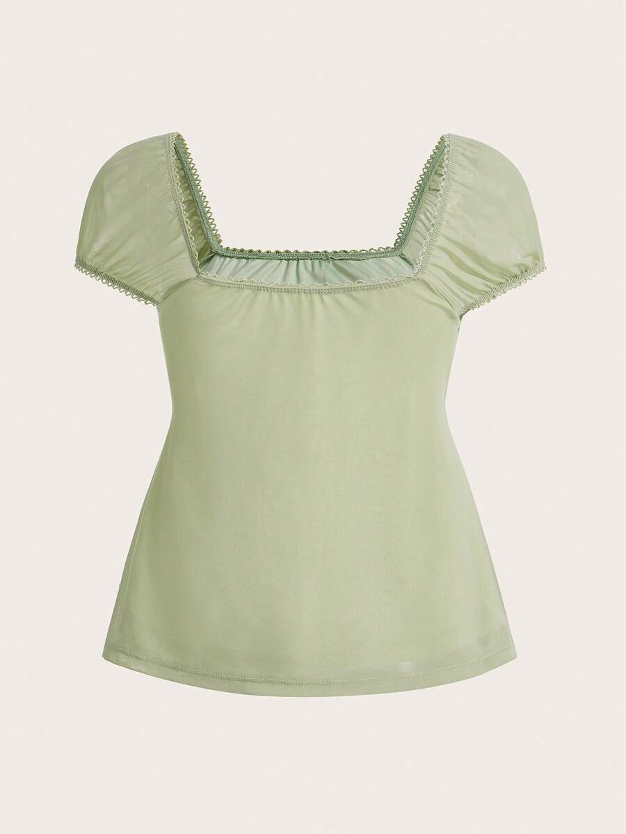 Yellow short puff sleeve tee featuring a square neckline, ruched bust with knot detail, eyelet embroidery, and a gathered waist.