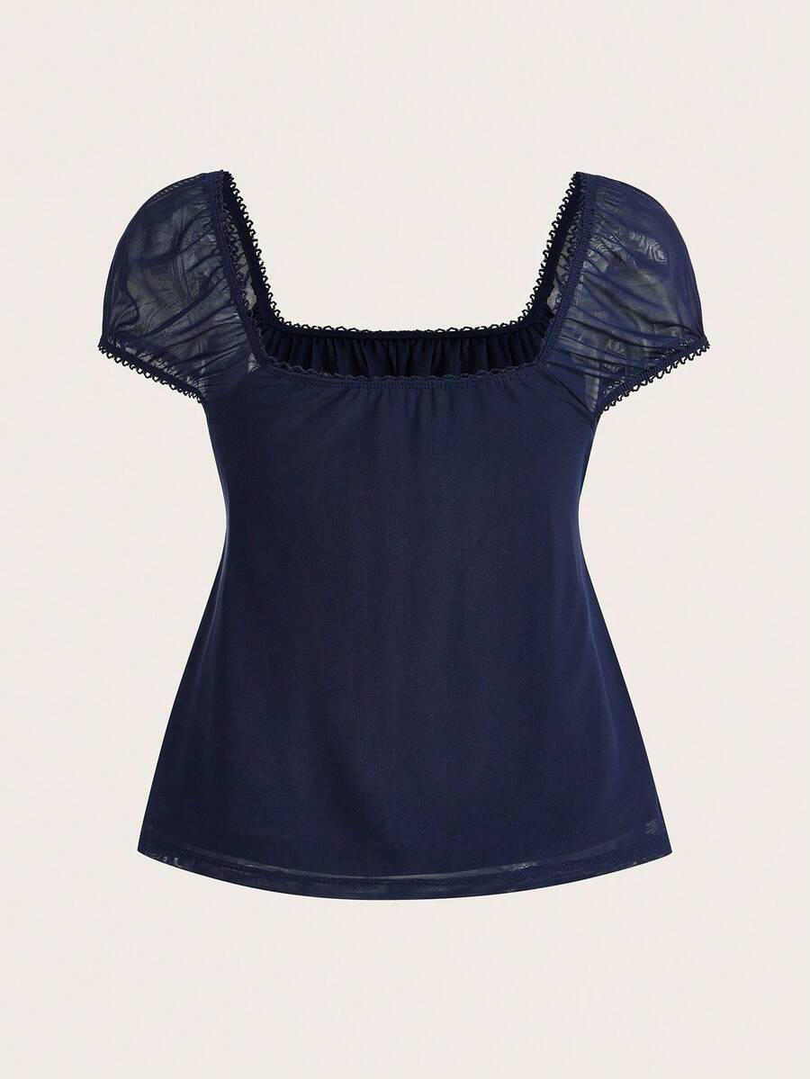 Yellow short puff sleeve tee featuring a square neckline, ruched bust with knot detail, eyelet embroidery, and a gathered waist.