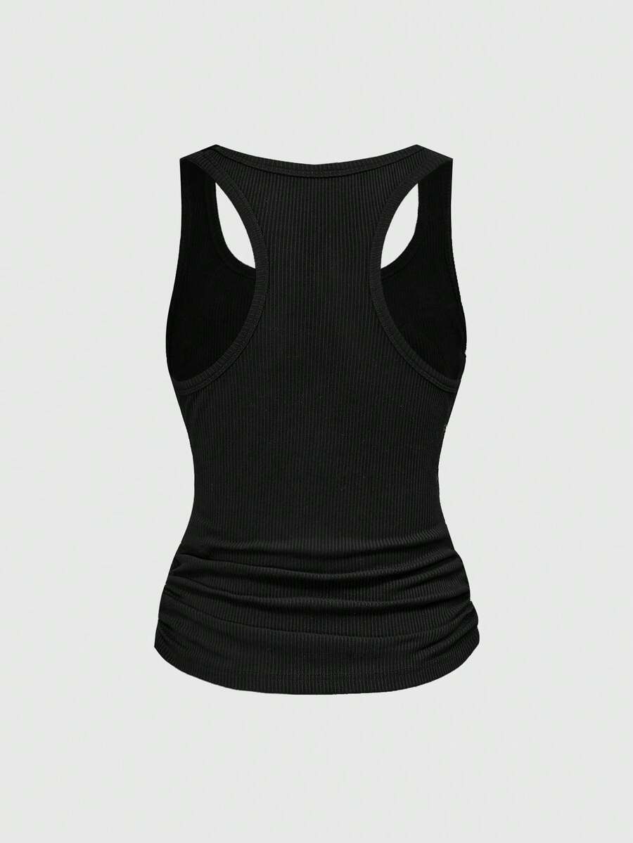 Women's slim fit black tank top featuring a square neckline, ruched styling, and cut out details.