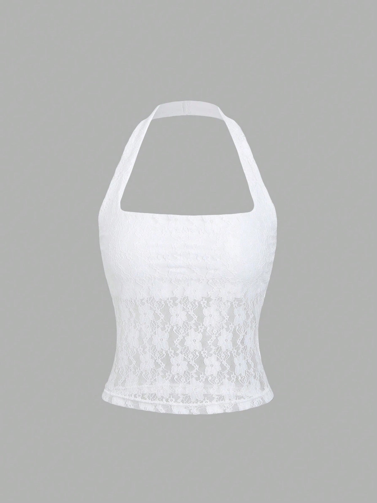 Women's solid lace halter top featuring a backless slim fit design with semi-sheer lace detail.
