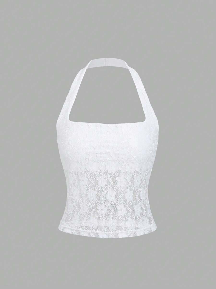Women's solid lace halter top featuring a backless slim fit design with semi-sheer lace detail.