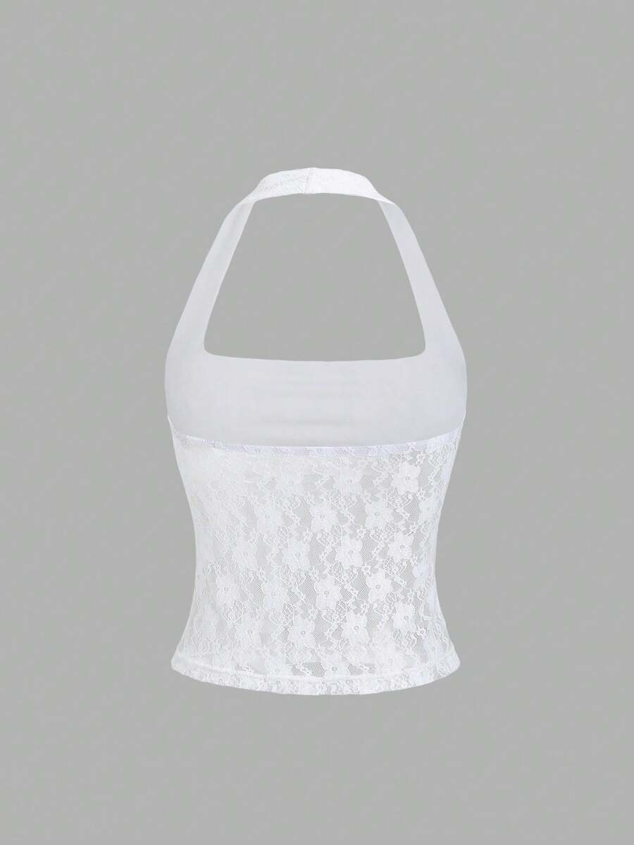 Women's solid lace halter top featuring a backless slim fit design with semi-sheer lace detail.