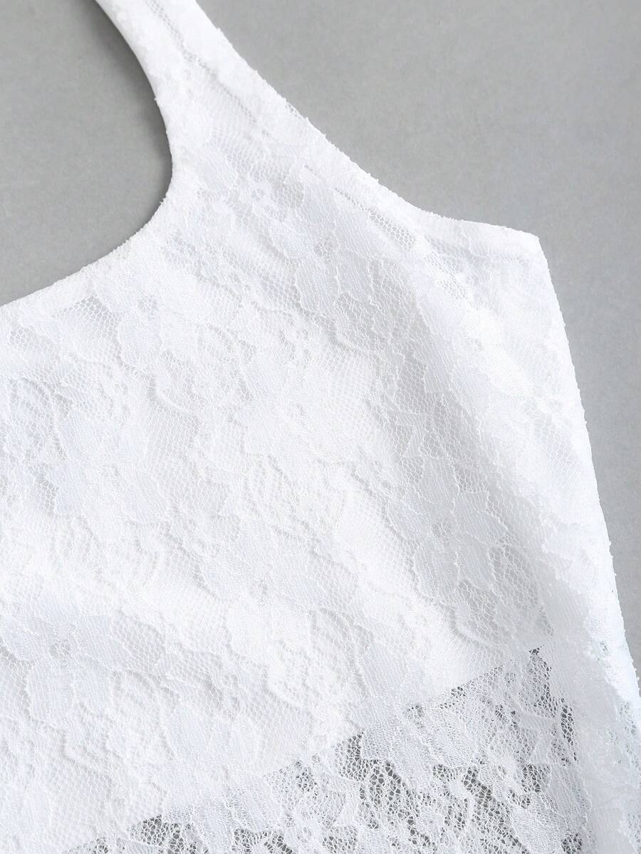 Women's solid lace halter top featuring a backless slim fit design with semi-sheer lace detail.