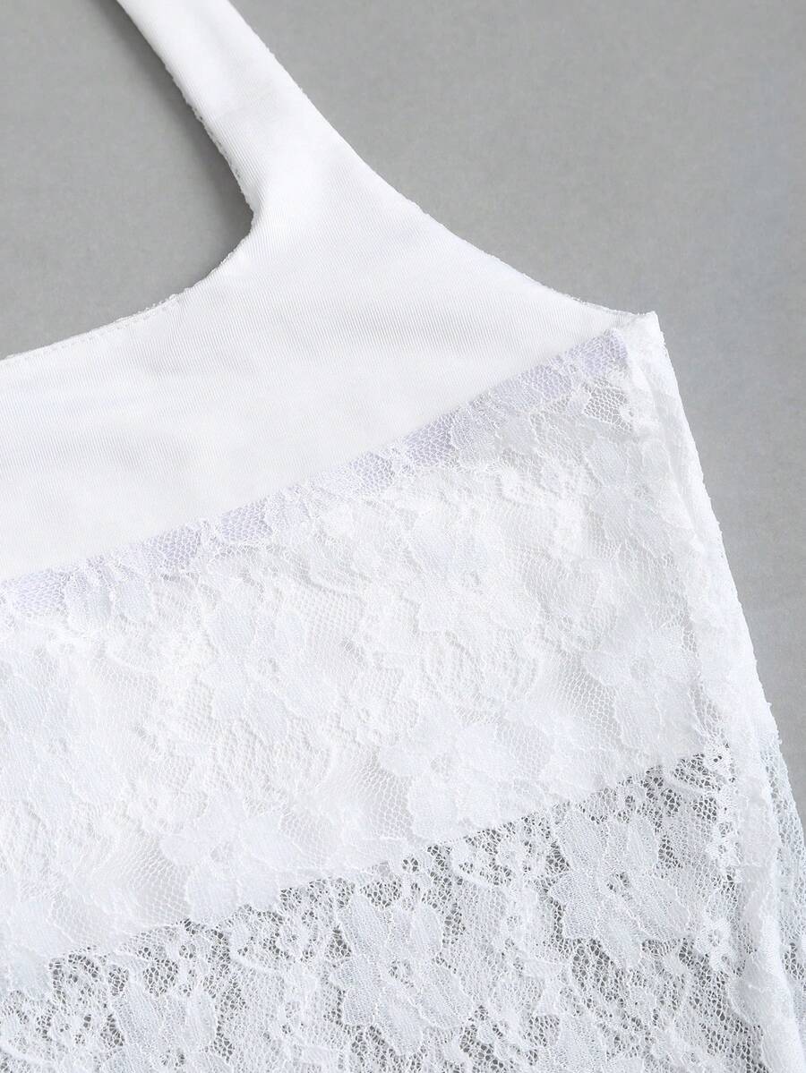 Women's solid lace halter top featuring a backless slim fit design with semi-sheer lace detail.