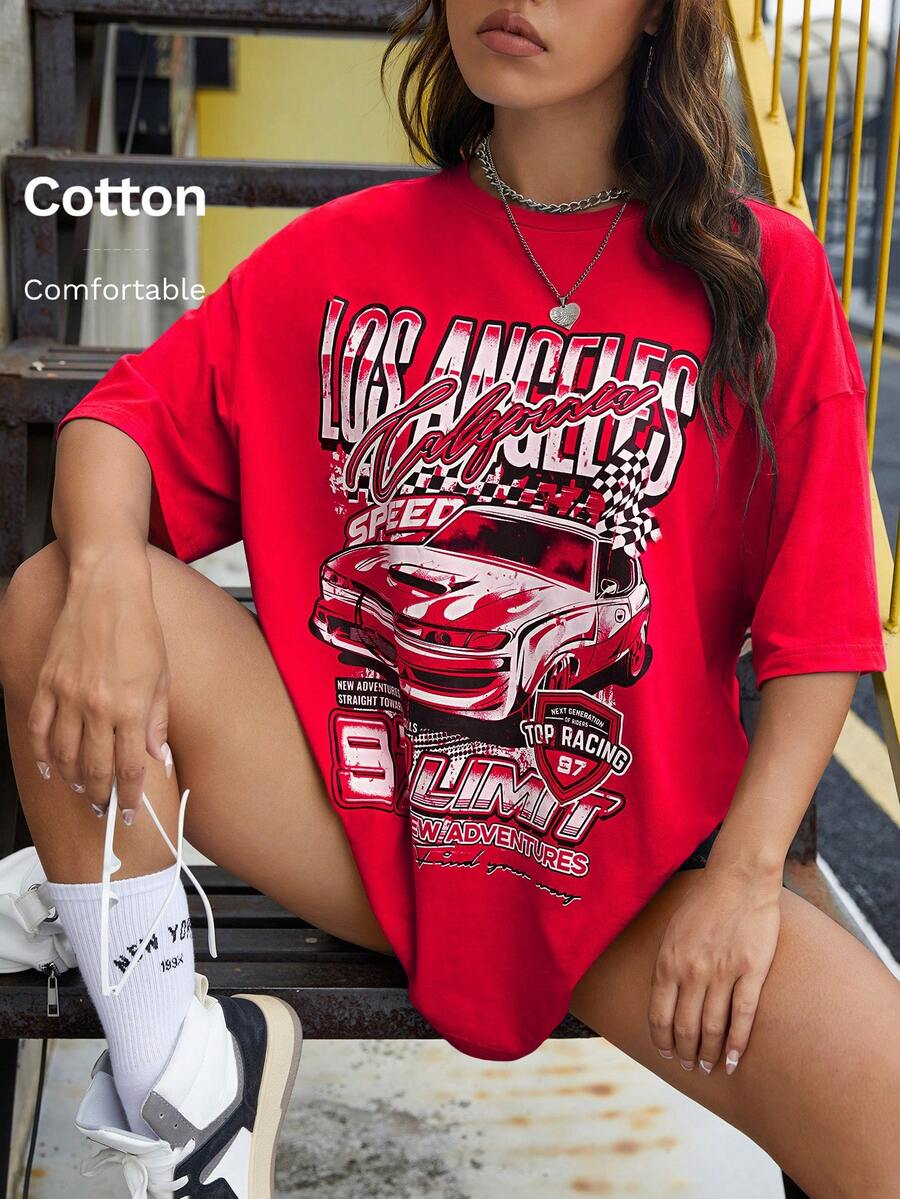 Red oversized t-shirt with letter graphic print and drop shoulder half sleeves.