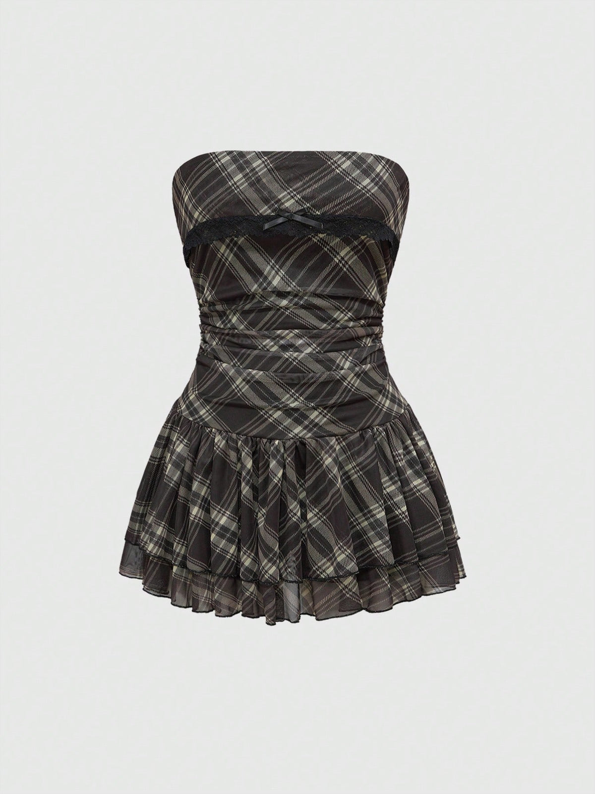 J-Fashion vintage sweet plaid printed strapless mini dress with bow detail, ruched bodice, layered ruffle hem, and matching inner mini shorts.