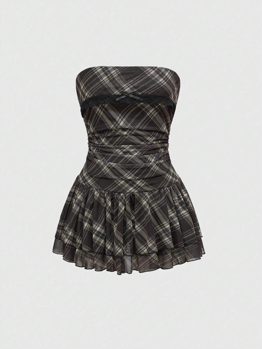 J-Fashion vintage sweet plaid printed strapless mini dress with bow detail, ruched bodice, layered ruffle hem, and matching inner mini shorts.