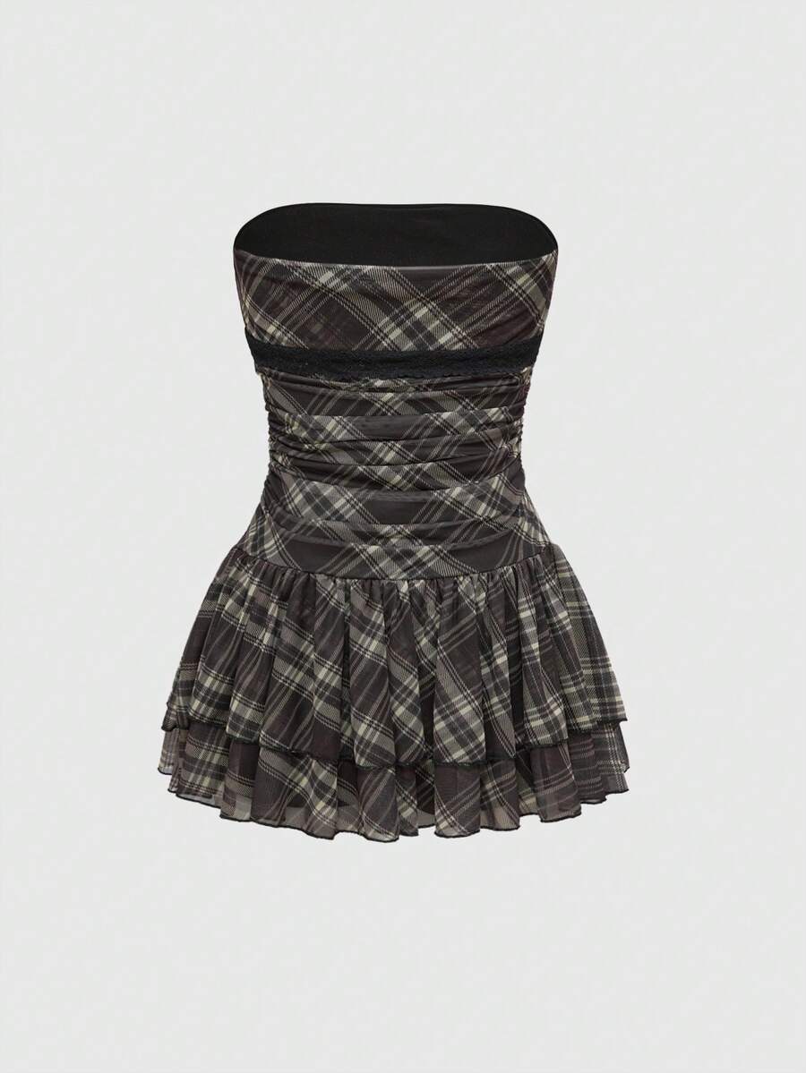 J-Fashion vintage sweet plaid printed strapless mini dress with bow detail, ruched bodice, layered ruffle hem, and matching inner mini shorts.