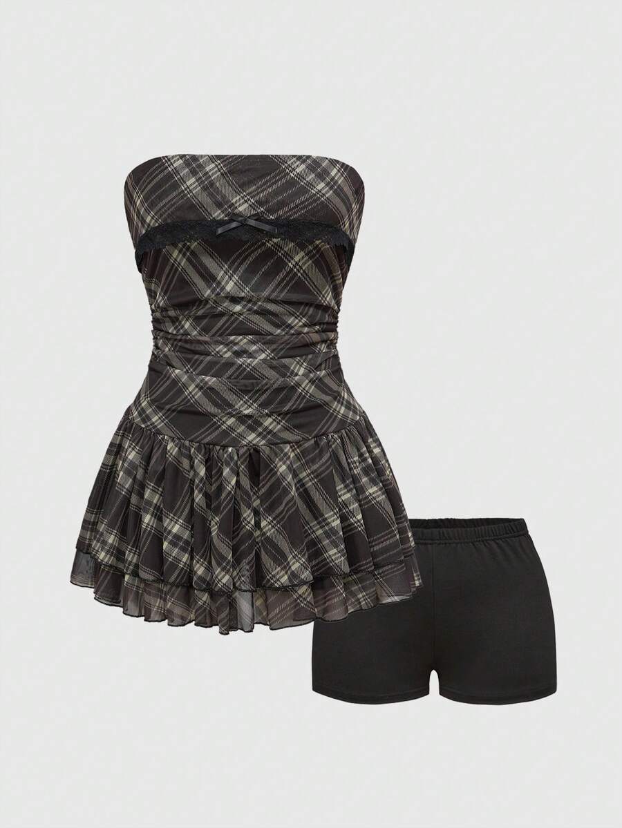 J-Fashion vintage sweet plaid printed strapless mini dress with bow detail, ruched bodice, layered ruffle hem, and matching inner mini shorts.