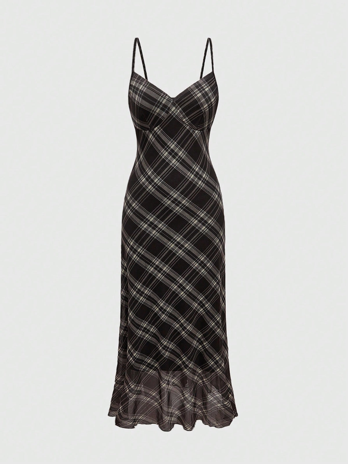 Women's sleeveless plaid cami maxi dress with spaghetti straps, backless detail, and a split thigh mermaid hem.