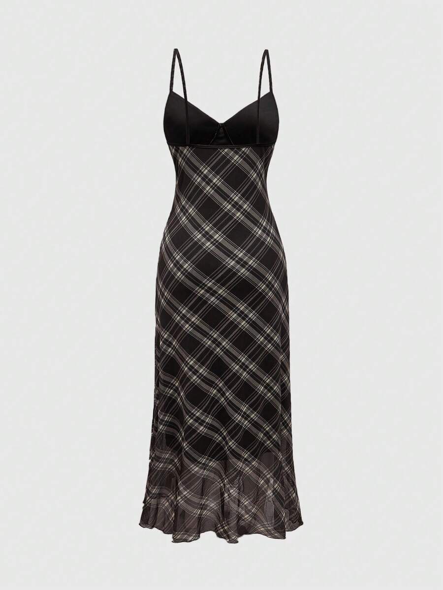 Women's sleeveless plaid cami maxi dress with spaghetti straps, backless detail, and a split thigh mermaid hem.