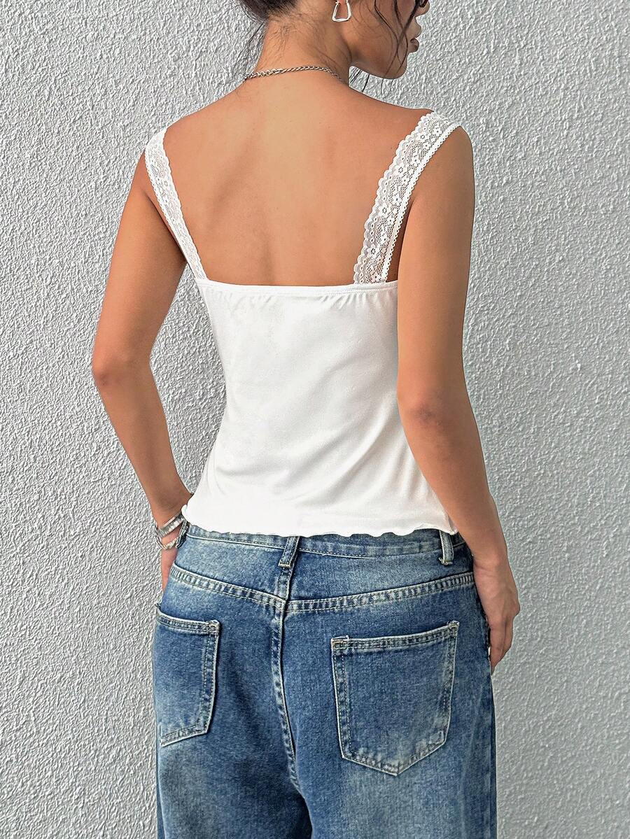 Women's slim fit casual camisole featuring wide shoulder straps, contrast lace trim, a front knot, and ruched details.