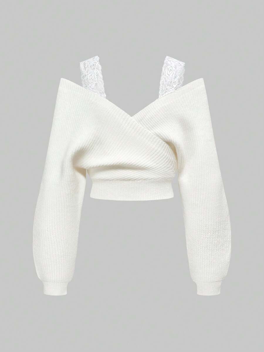 Women's two-piece rib-knit sweater set featuring a long-sleeve cold-shoulder crop top with strap details and matching wide-leg pants.