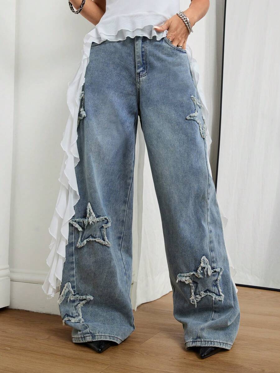 Front view of women's loose wide leg denim jeans featuring a mid waist, classic front pockets, and a zipper fly closure.