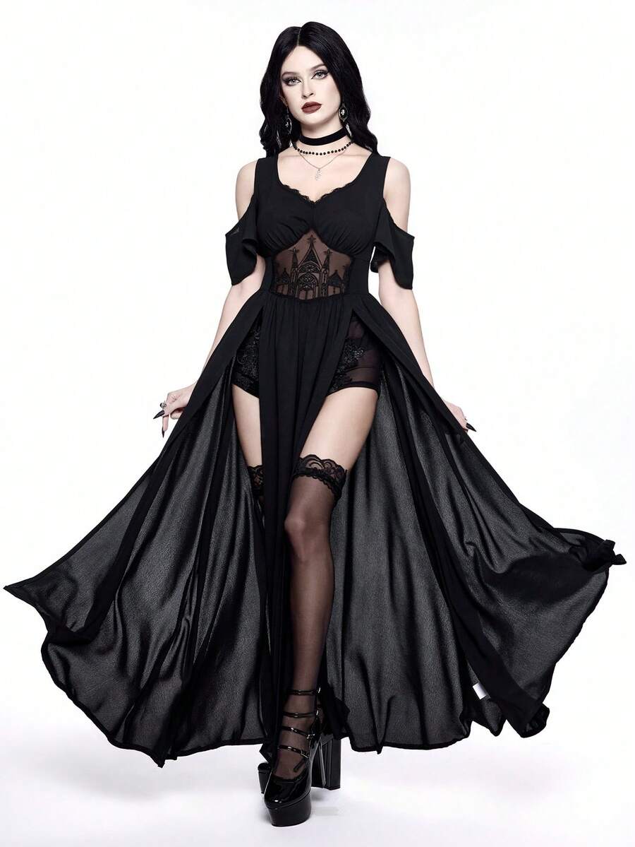 Black Gothic maxi dress for women featuring cold shoulder straps, contrast lace hollow pattern, and a high thigh slit.