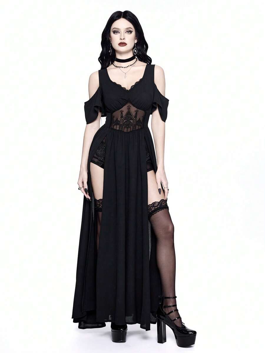 Black Gothic maxi dress for women featuring cold shoulder straps, contrast lace hollow pattern, and a high thigh slit.