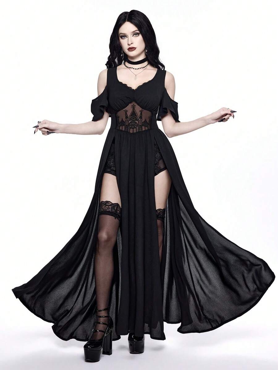 Black Gothic maxi dress for women featuring cold shoulder straps, contrast lace hollow pattern, and a high thigh slit.