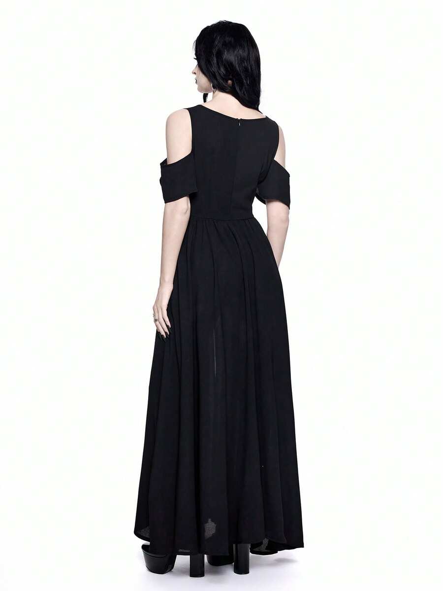 Black Gothic maxi dress for women featuring cold shoulder straps, contrast lace hollow pattern, and a high thigh slit.