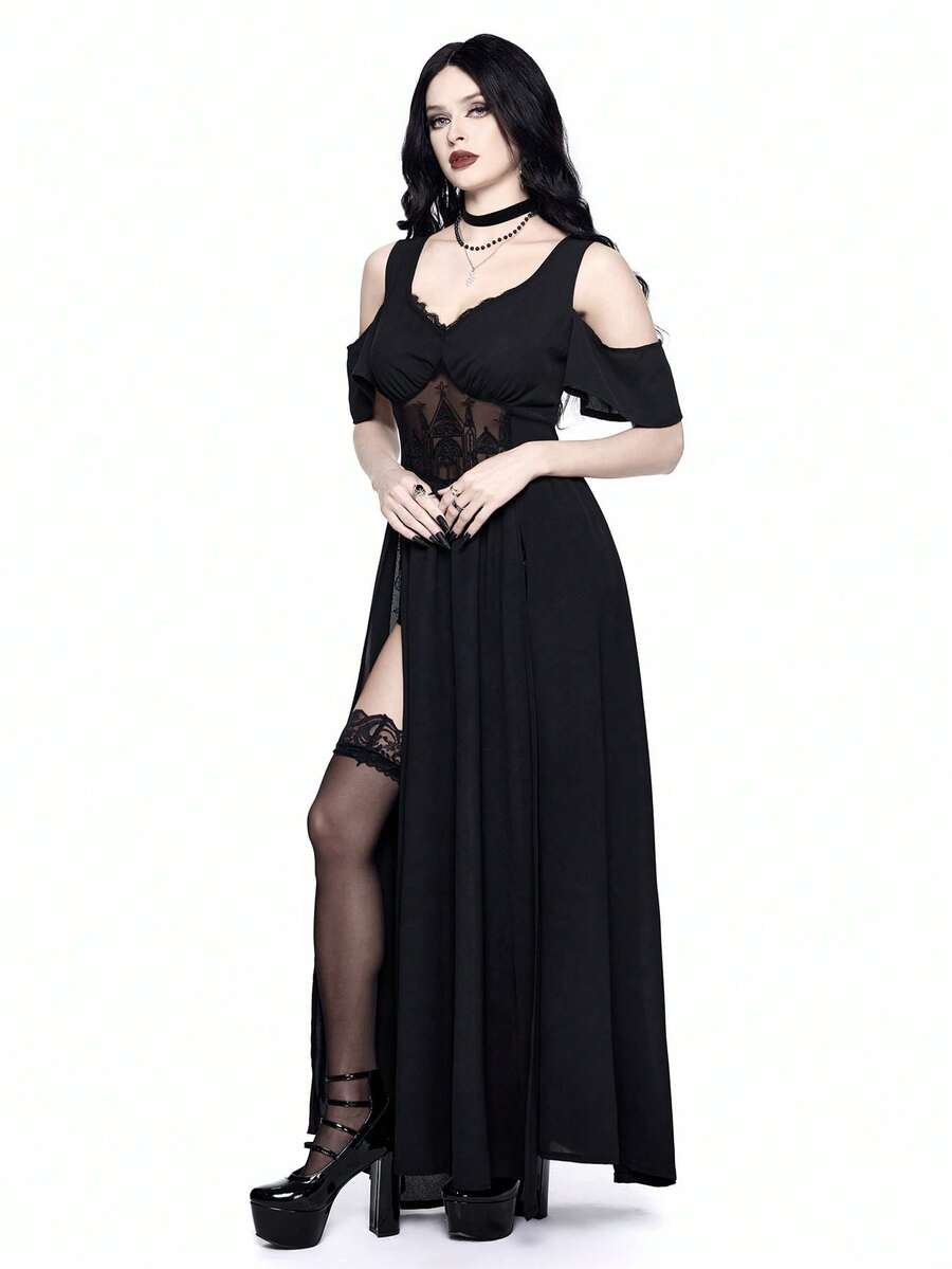 Black Gothic maxi dress for women featuring cold shoulder straps, contrast lace hollow pattern, and a high thigh slit.