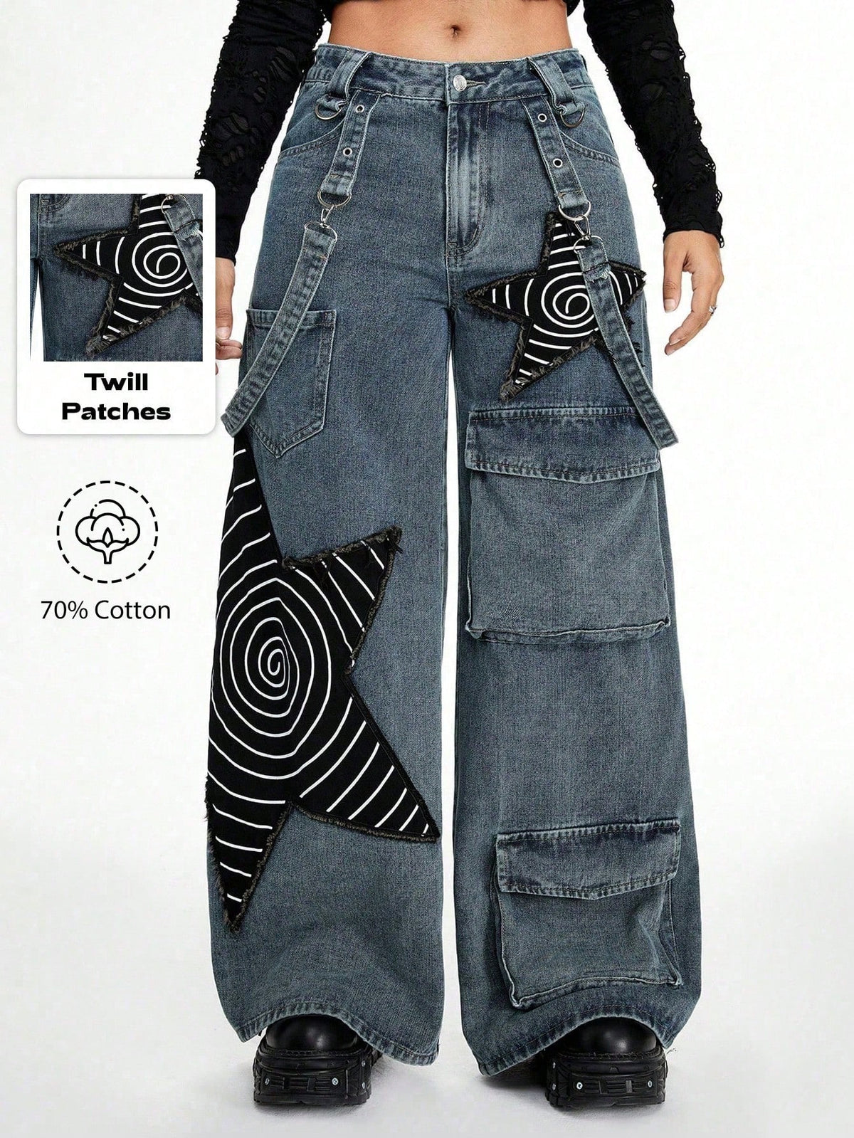 Women's loose fit wide leg cargo jeans in distressed washed denim featuring star patch details and side pockets.