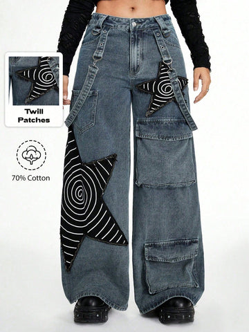 Women's loose fit wide leg cargo jeans in distressed washed denim featuring star patch details and side pockets.