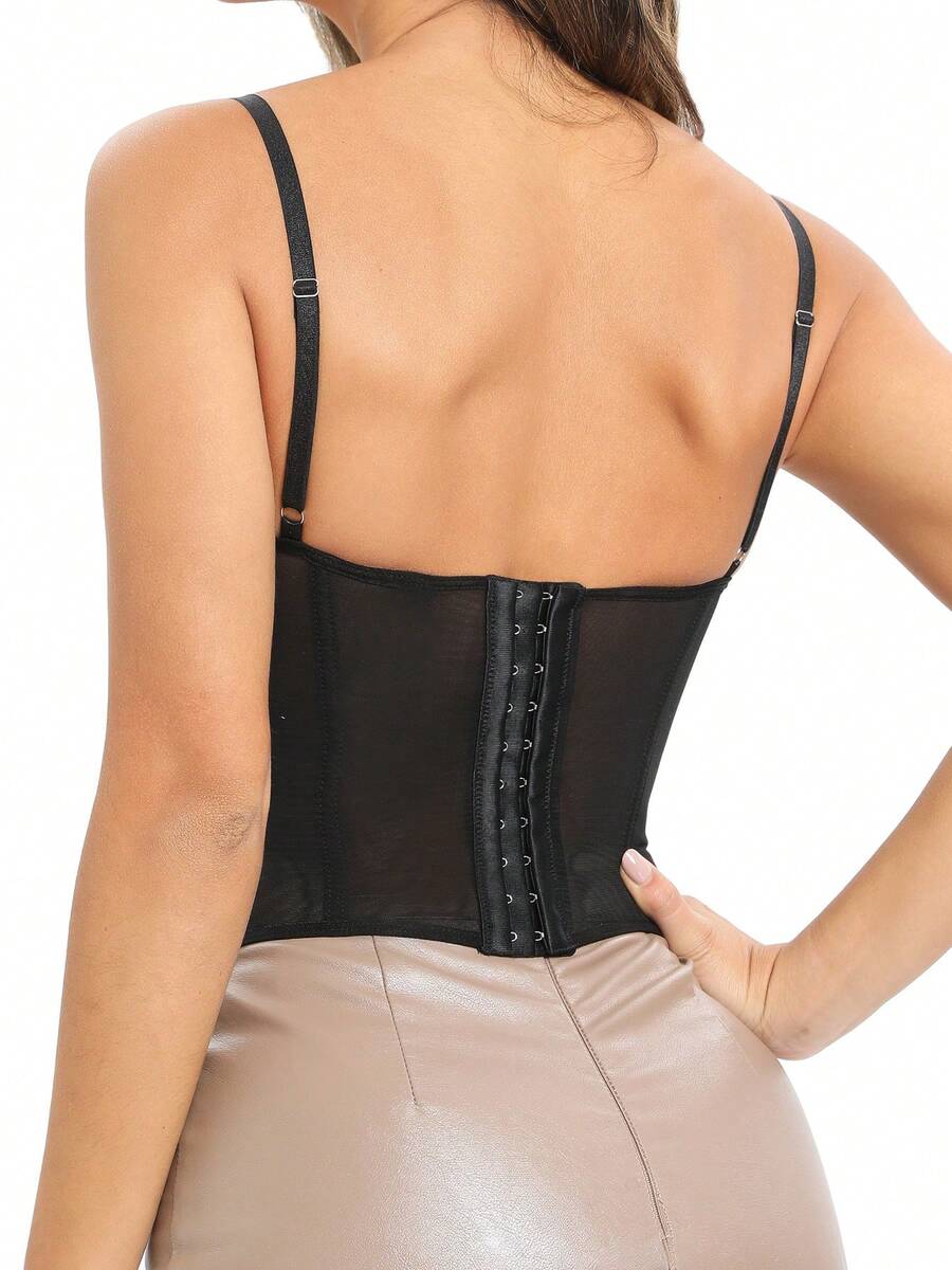 Women's lace bustier corset cami top with spaghetti straps, arm sleeves, asymmetrical contrast lace detail, and buckle accent