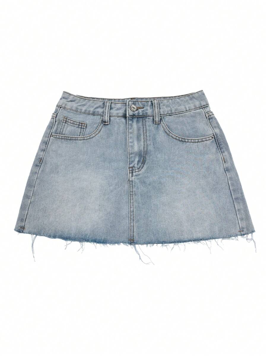 Y2K distressed mini skort with button and pocket details, natural mid waist, regular fit, and casual streetwear styling.