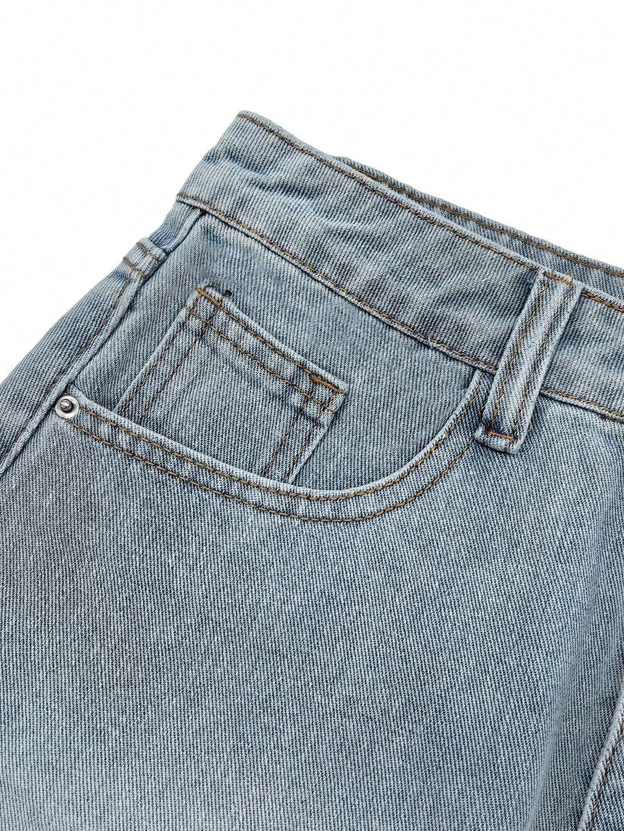 Y2K distressed mini skort with button and pocket details, natural mid waist, regular fit, and casual streetwear styling.