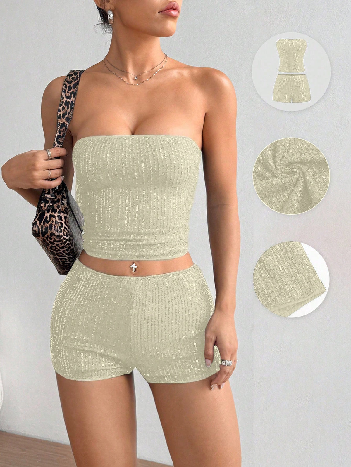 Women’s sequin strapless bandeau crop top and mini shorts two-piece outfit with backless zipper detail
