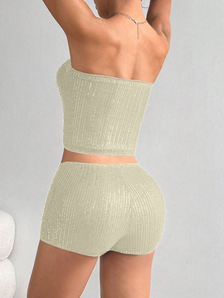 Women’s sequin strapless bandeau crop top and mini shorts two-piece outfit with backless zipper detail