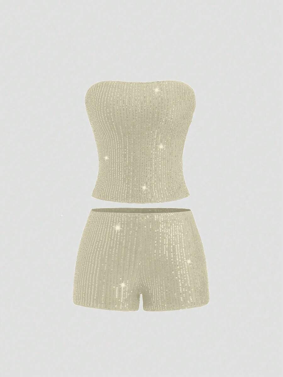 Women’s sequin strapless bandeau crop top and mini shorts two-piece outfit with backless zipper detail