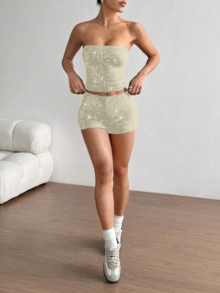 Women’s sequin strapless bandeau crop top and mini shorts two-piece outfit with backless zipper detail