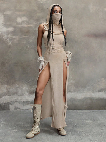Women's sleeveless hooded maxi dress featuring a plunging neckline, backless design, and high thigh split in a lightweight knit fabric.