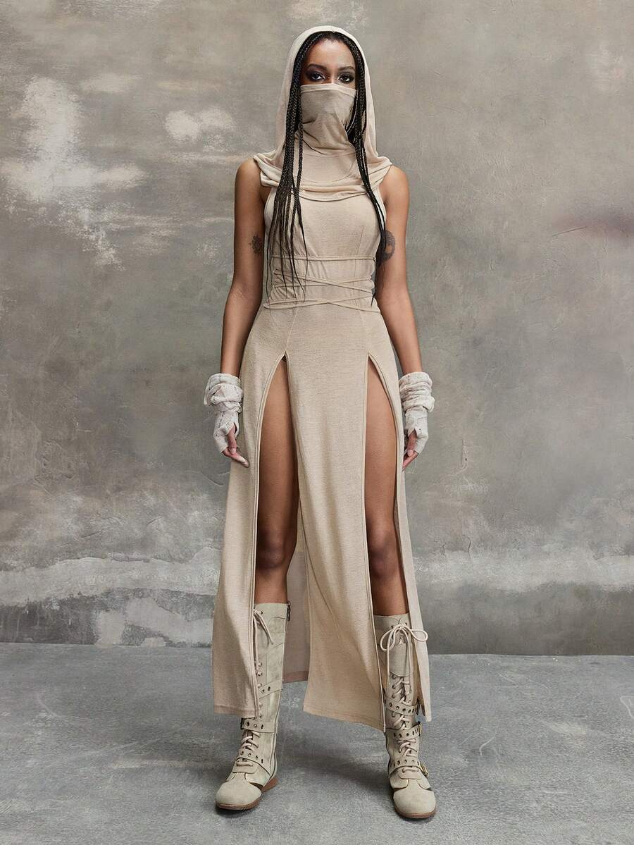 Women's sleeveless hooded maxi dress featuring a plunging neckline, backless design, and high thigh split in a lightweight knit fabric.