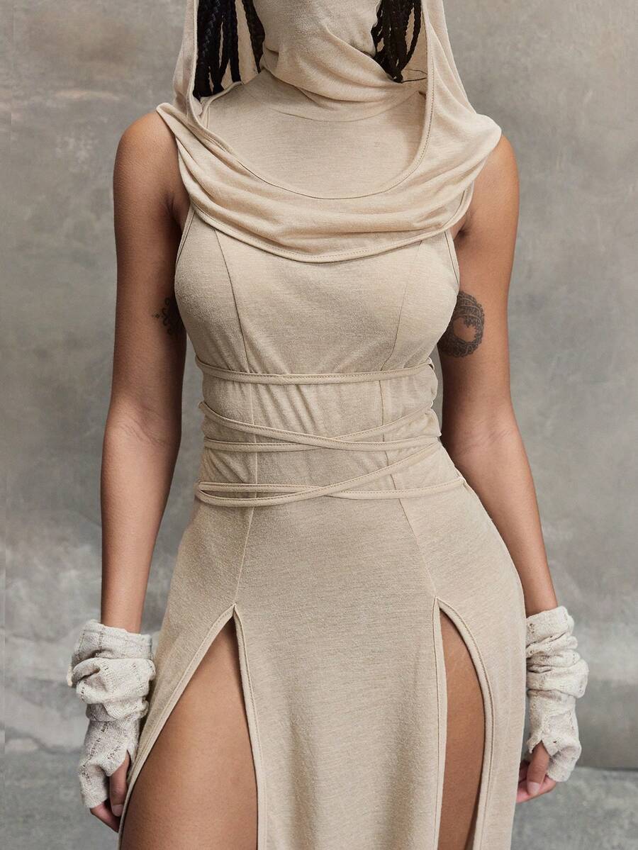 Women's sleeveless hooded maxi dress featuring a plunging neckline, backless design, and high thigh split in a lightweight knit fabric.