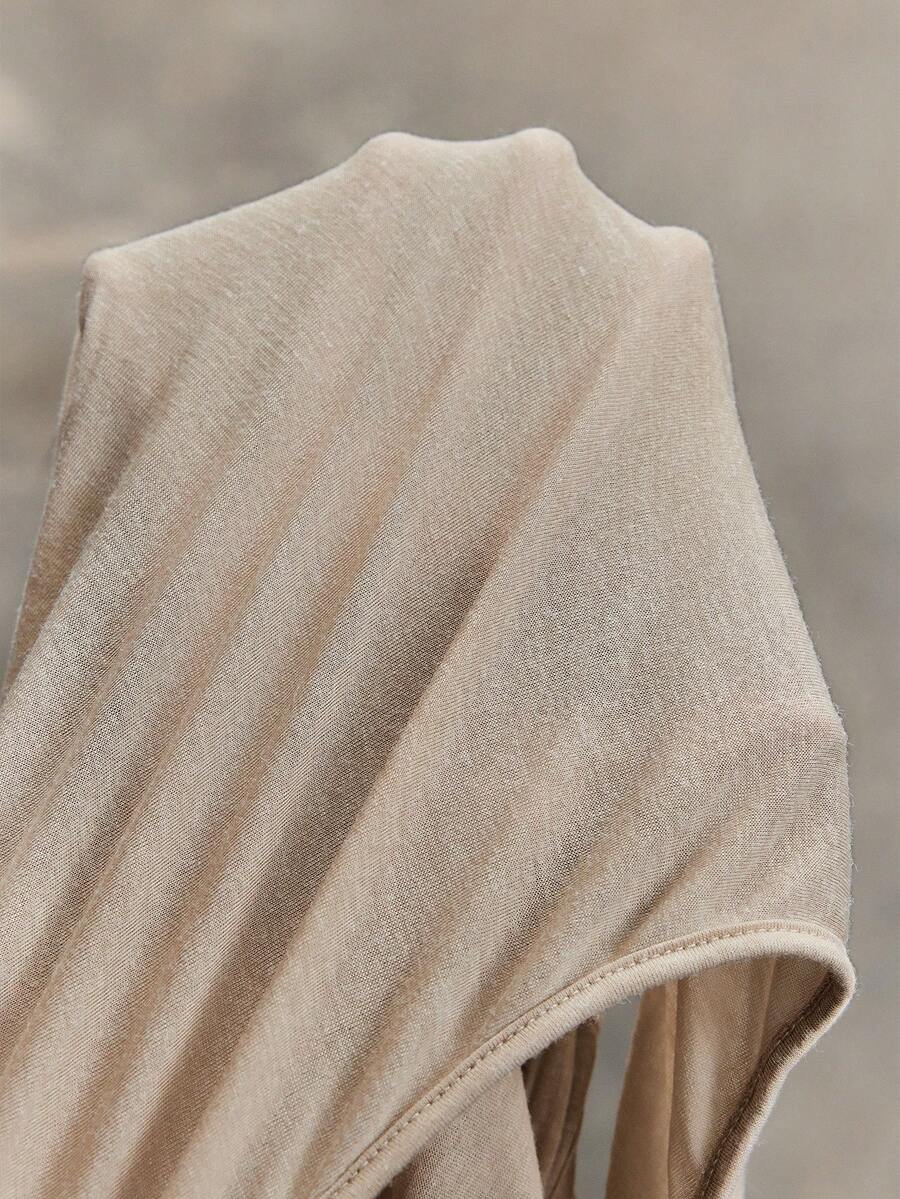 Women's sleeveless hooded maxi dress featuring a plunging neckline, backless design, and high thigh split in a lightweight knit fabric.