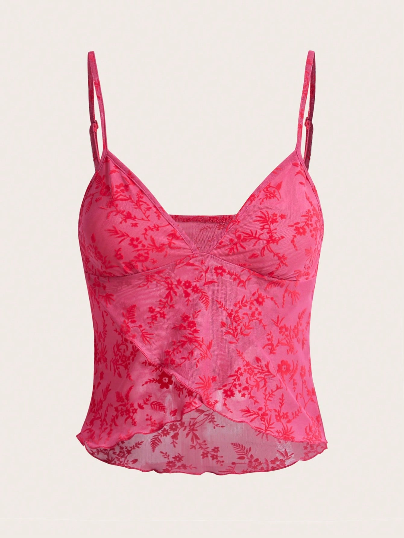 Women's cropped floral flocked camisole with spaghetti straps, backless styling, lettuce trim, asymmetrical hem, and slim fit