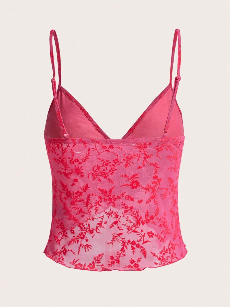 Women's cropped floral flocked camisole with spaghetti straps, backless styling, lettuce trim, asymmetrical hem, and slim fit