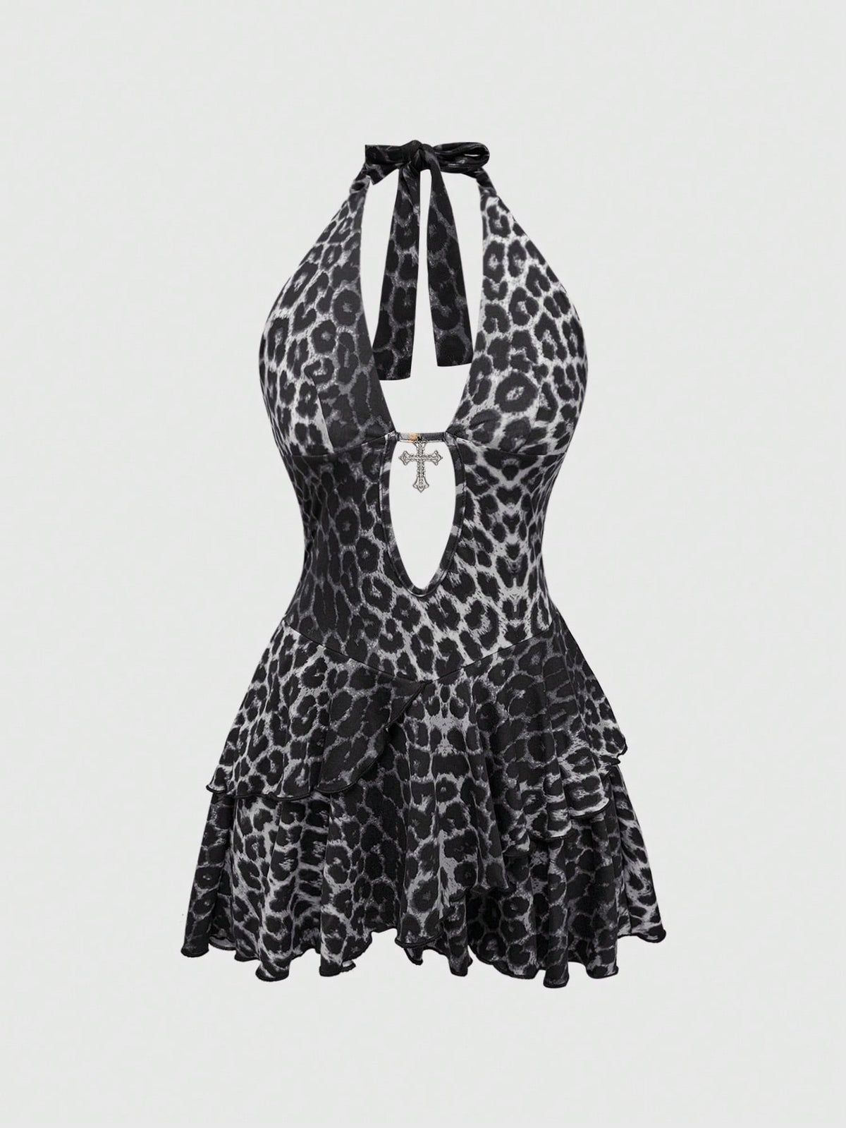 Y2K Harajuku goth style leopard print halter mini dress with backless cut-out details, high waist, sleeveless slim fit, and layered tiered hem.