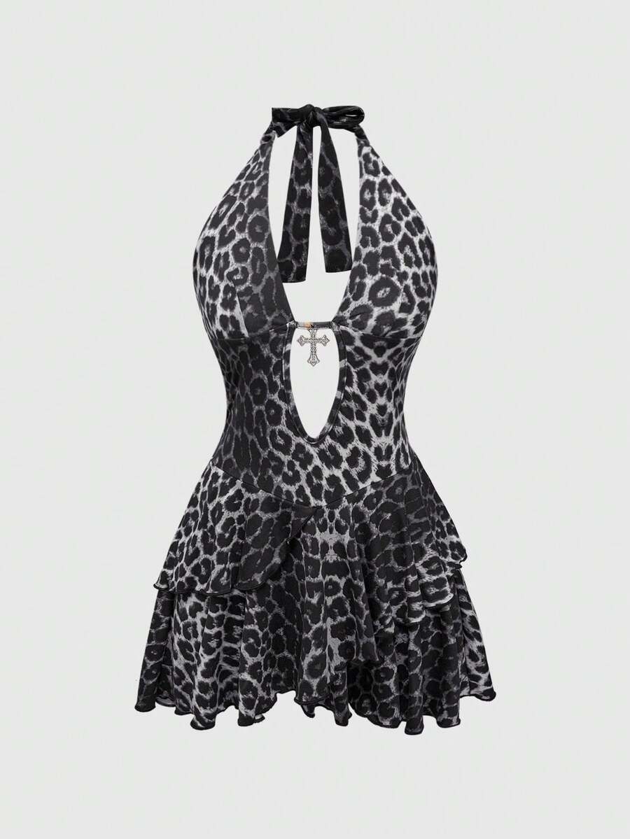 Y2K Harajuku goth style leopard print halter mini dress with backless cut-out details, high waist, sleeveless slim fit, and layered tiered hem.