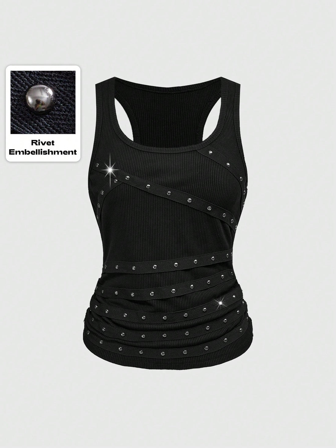Women's slim fit black tank top featuring a square neckline, ruched styling, and cut out details.