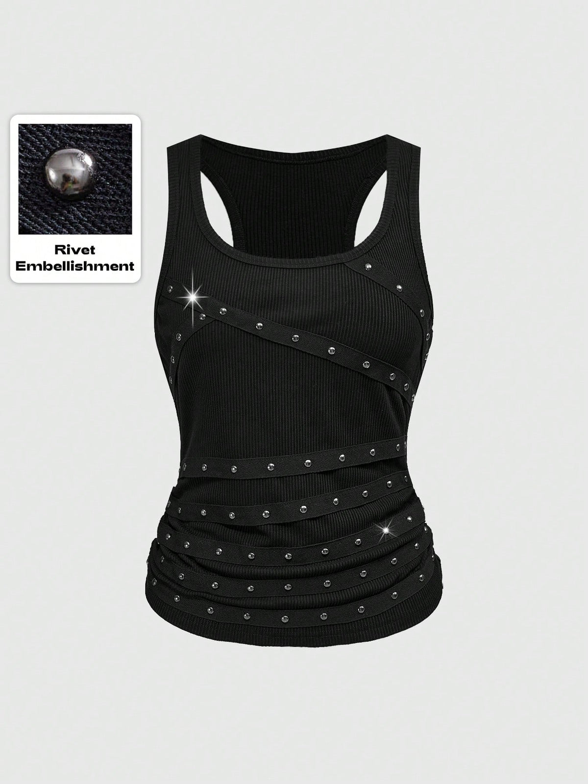 Women's slim fit black tank top featuring a square neckline, ruched styling, and cut out details.