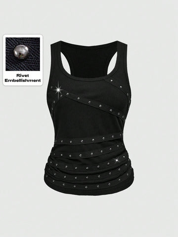 Women's slim fit black tank top featuring a square neckline, ruched styling, and cut out details.
