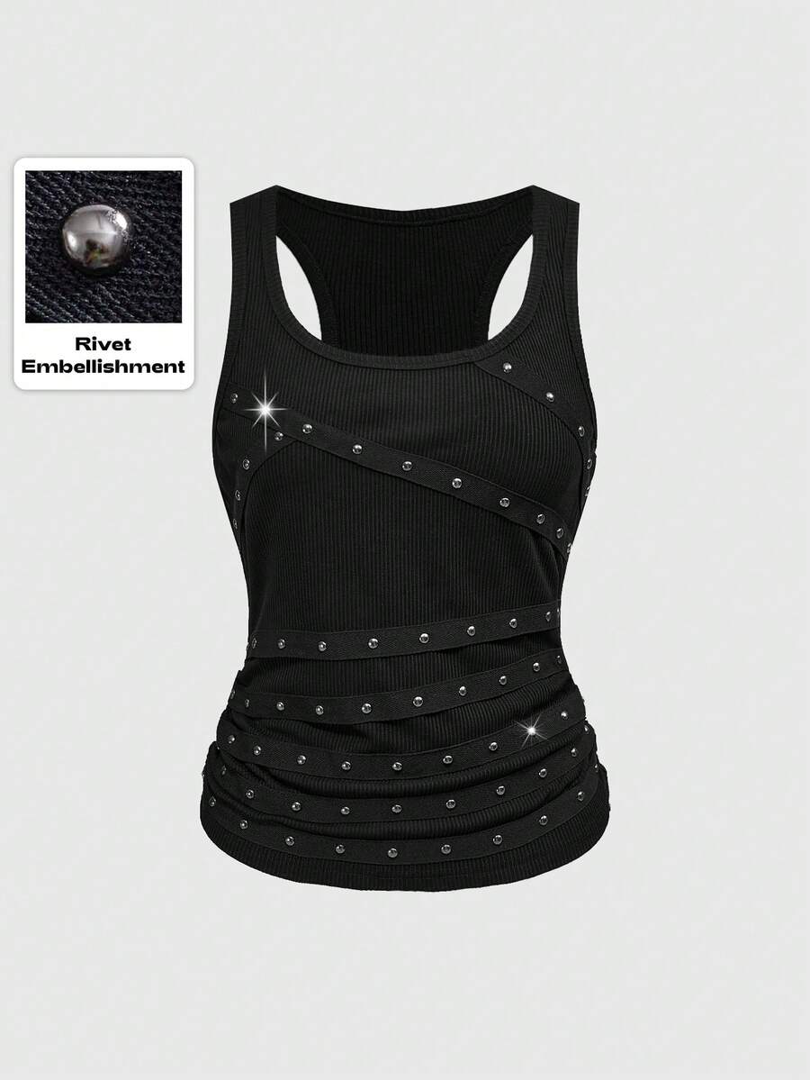 Women's slim fit black tank top featuring a square neckline, ruched styling, and cut out details.