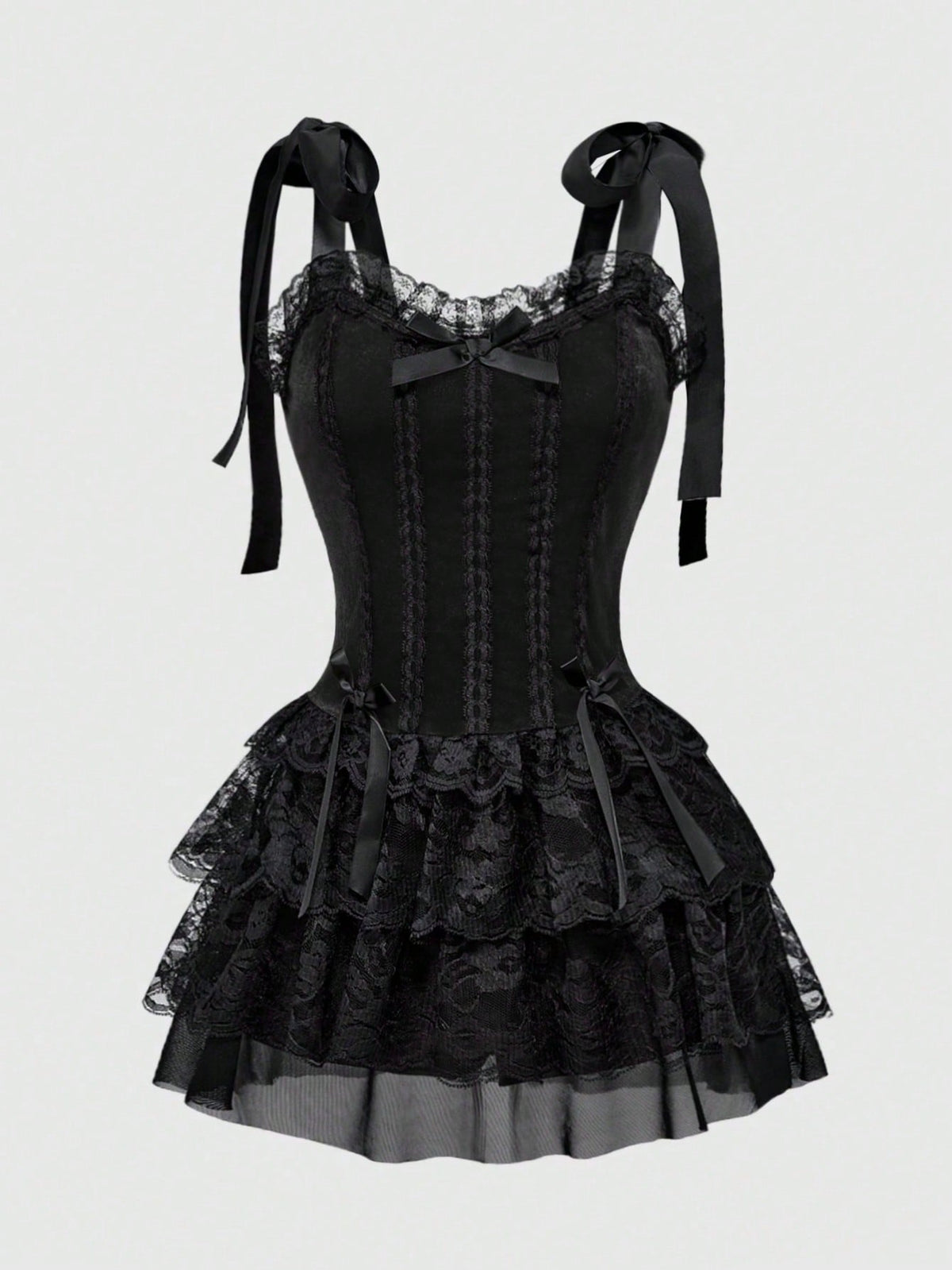 Gothic velvet halter mini dress with contrast lace trim, bow detail, lace-up accents, arm sleeves, layered hem, and cross pendant.